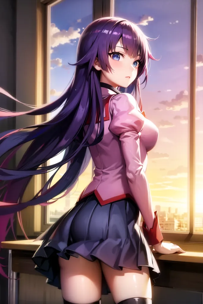 The image depicts a young woman with purple hair and purple eyes, wearing a white button-down shirt, gray pleated skirt, and red tie. She is standing in front of a window, looking out at the cityscape. The sun is setting outside.