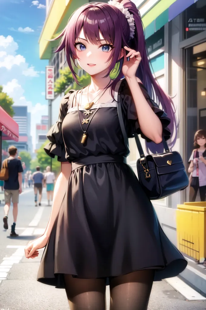 L'image montre une jeune femme aux cheveux violets et aux yeux bleus. Elle porte une robe noire avec un col blanc et un sac à main noir avec une chaîne dorée. Elle porte également un collier avec un pendentif doré. Elle se tient dans une rue de la ville avec un arrière-plan flou de personnes qui passent.