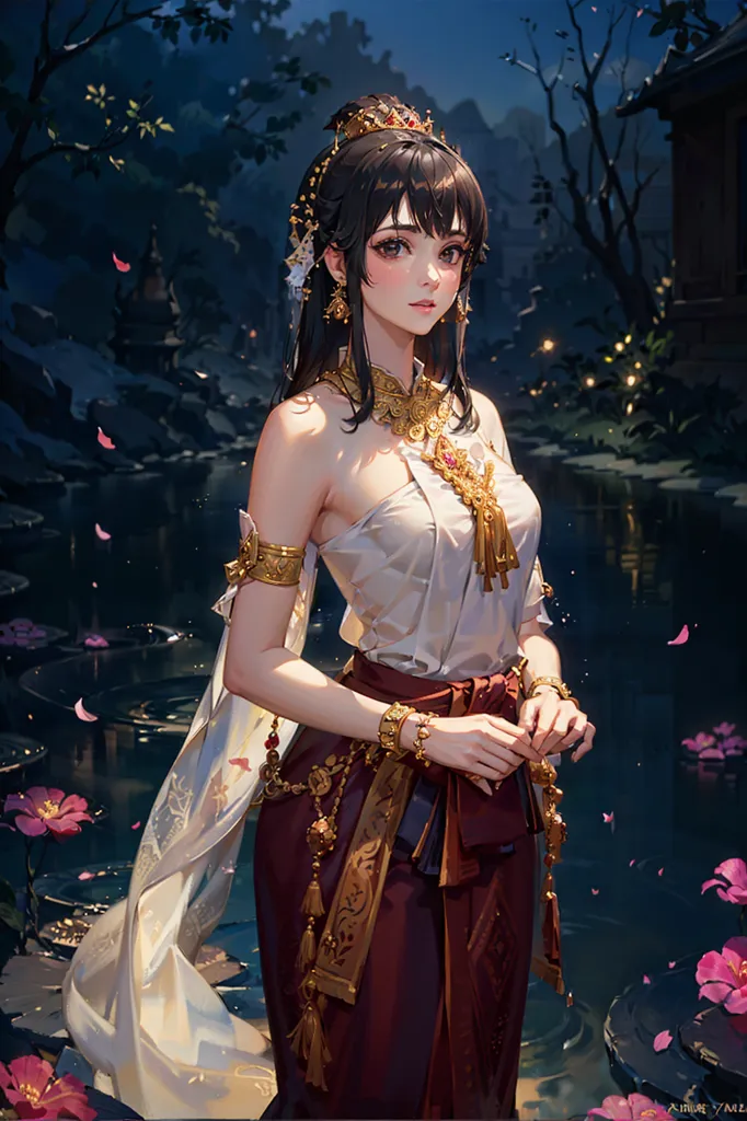 The picture shows a beautiful Thai woman in traditional Thai dress. She is standing in a pond with water up to her ankles. The woman is wearing a white off-the-shoulder top with a long red and gold skirt with a gold belt. She has a long sheer white scarf that trails behind her in the water. The woman is wearing a gold necklace, earrings, and bracelets. Her long black hair is pulled back in a bun with a gold hairpin. She is looking at the viewer with a serene expression on her face. There are pink flowers floating in the water around her and dark trees in the background.