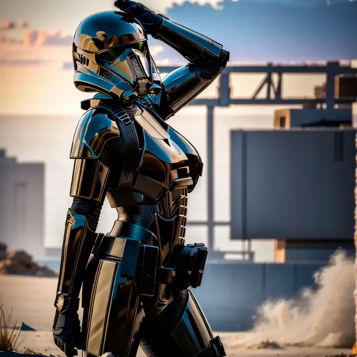 La imagen es de una soldado de asalto femenina del universo de Star Wars. Lleva un uniforme de soldado de asalto negro y plateado y tiene su casco puesto. Está de pie en un entorno similar a un desierto y mira al espectador. La imagen está renderizada en un estilo realista y la soldado de asalto se ve muy detallada.