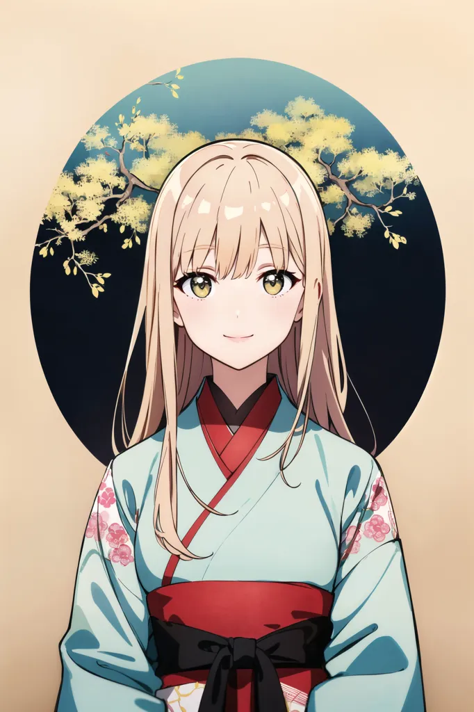 The image is a portrait of a young woman with long blonde hair and green eyes. She is wearing a traditional Japanese kimono with a floral pattern and a red obi sash. The background is a pale yellow color, and there is a branch of cherry blossoms in the upper right corner. The woman is smiling and has a gentle expression on her face.