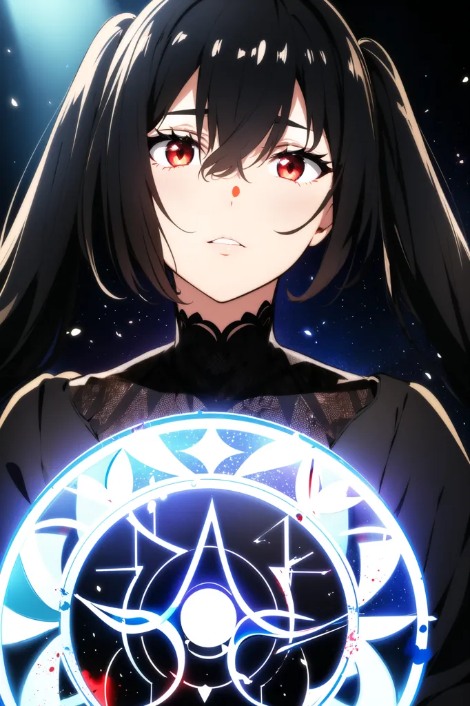 The image is of a young woman with long black hair and red eyes. She is wearing a black dress with a white collar. She is holding a glowing blue orb in her hands. The background is dark blue with a starry night sky.