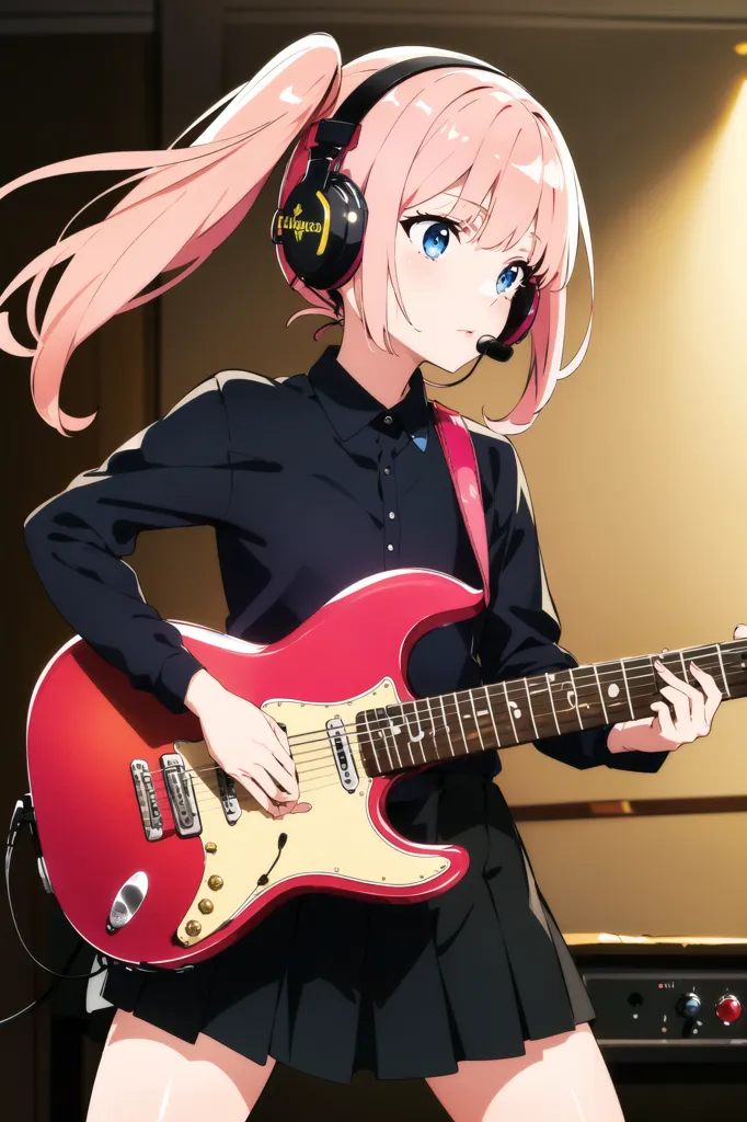 The image shows a young woman with pink hair playing an electric guitar. She is wearing a black shirt, a gray skirt, and headphones. She has a microphone in front of her. She is standing in a room with a brown wall and a brown floor. There is a speaker in the corner of the room.