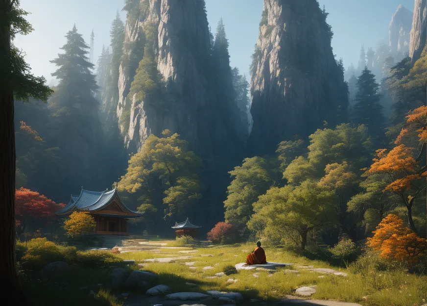 La imagen es de un hermoso paisaje con un templo en el medio. El templo está rodeado de frondosos árboles verdes y montañas en el fondo. Un monje está sentado frente al templo, meditando. El sol brilla intensamente y los pájaros cantan. La imagen es muy pacífica y serena.