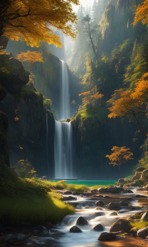 The image is a beautiful landscape of a waterfall in a forest. The waterfall is surrounded by tall, green trees and the water is a crystal clear blue. The sun is shining through the trees and creating a beautiful rainbow. There is a small opening at the bottom of the waterfall where you can see a glimpse of the sky. The waterfall is in a valley and the cliffs are covered in moss and ferns. The image is very peaceful and serene.