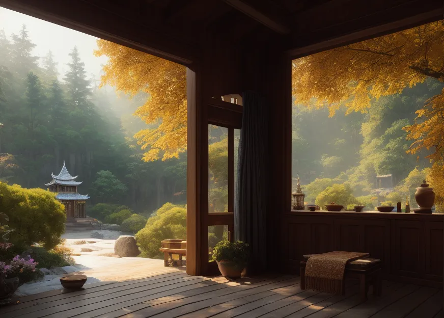 The image is a beautiful view of a Japanese garden from a traditional house. The garden is full of lush trees and plants, and there is a small pond with a waterfall. The house is made of wood and has a large porch that looks out onto the garden. The porch is furnished with a low table and some cushions, and there is a vase of flowers in the corner. The image is very peaceful and serene, and it captures the beauty of the Japanese garden.