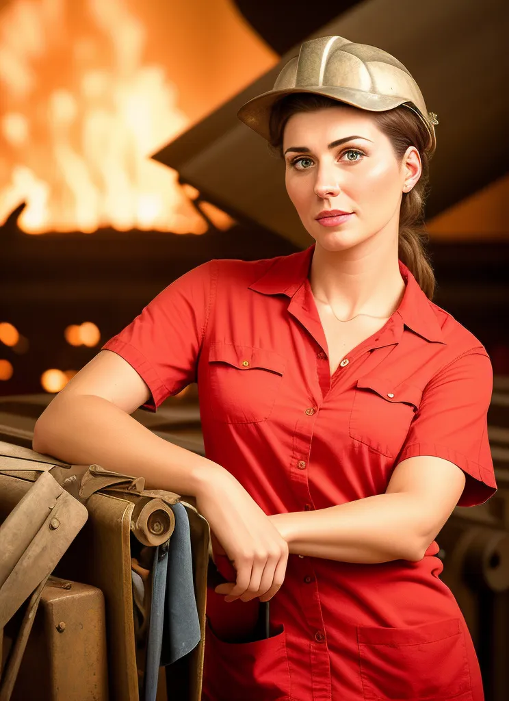 L'image montre une jeune femme portant un casque de chantier et un t-shirt rouge à manches courtes. Elle se tient devant un grand four. Le four est orange et des flammes en sortent. La femme regarde l'objectif. Elle a les cheveux bruns et les yeux verts. Elle porte un collier et un bracelet. Elle porte également une ceinture à outils. L'image est prise en contre-plongée, ce qui donne à la femme un aspect plus grand et plus imposant. L'arrière-plan est flou, ce qui aide à attirer l'attention sur la femme. L'image est bien éclairée, ce qui contribue à créer un sentiment de drame et d'excitation.