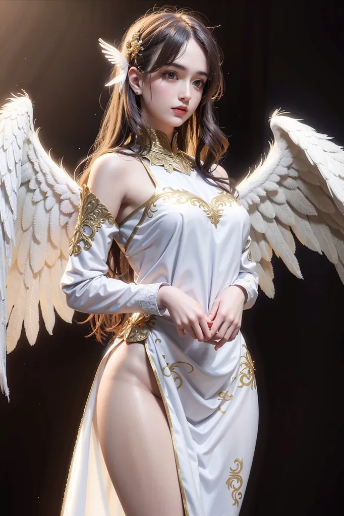 The image is of a beautiful woman with long brown hair and white wings. She is wearing a white dress with a high slit, exposing her right leg. The dress is decorated with gold trim. She is also wearing a gold necklace and earrings. The woman is standing in front of a dark background. She is looking at the viewer with a serious expression.