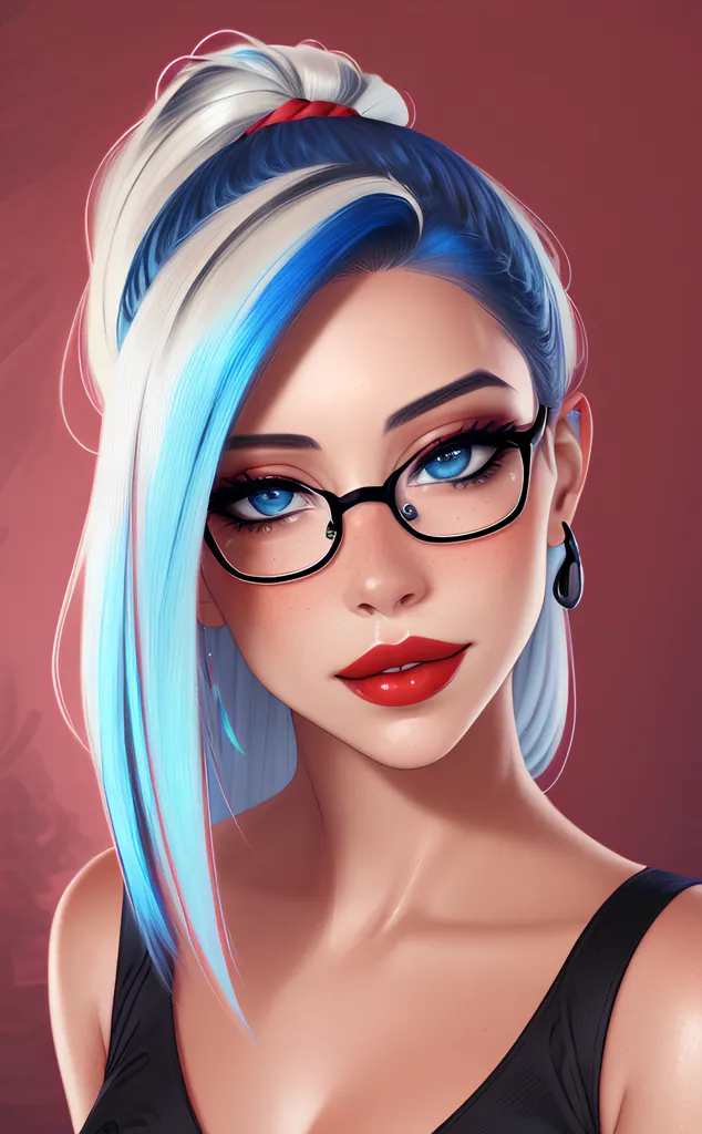 The picture shows a young woman with blue hair and red lipstick. She is wearing glasses and a black top. She has a confident expression on her face. The background is a dark red.