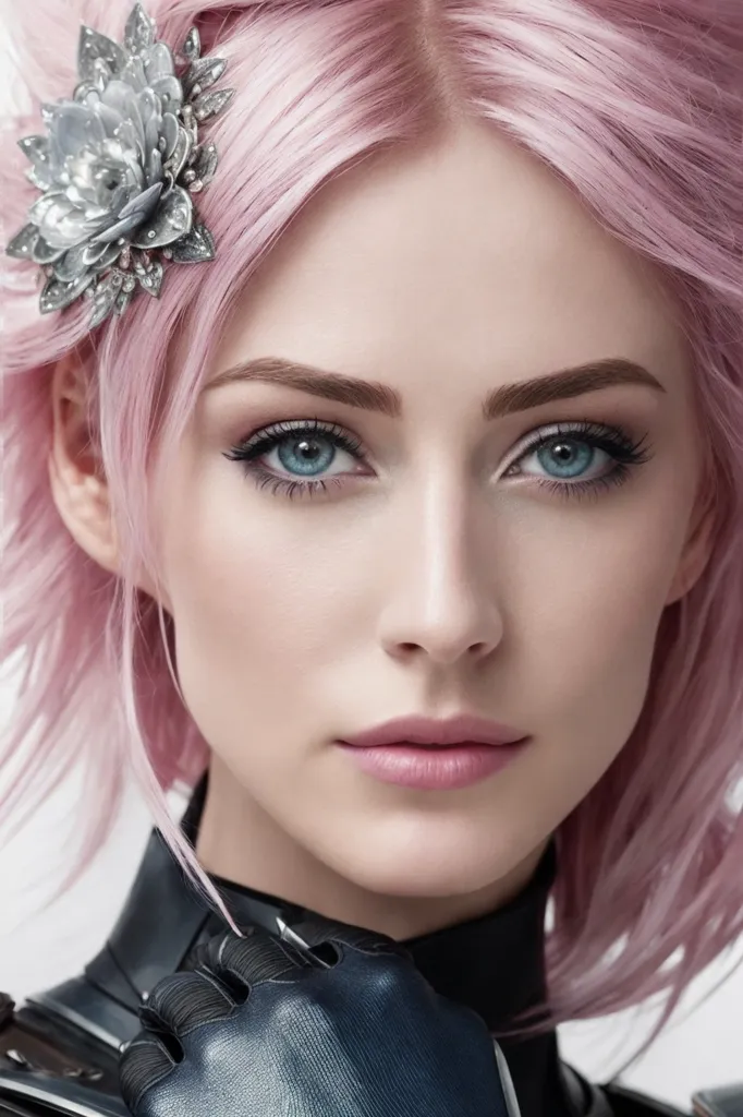 A imagem mostra uma mulher jovem com cabelos rosa e olhos azuis. Ela está usando um traje de couro preto e tem uma flor de prata no cabelo. O fundo é branco e o rosto da mulher está em foco. A imagem é realista e a pele da mulher é lisa e perfeita. Seus olhos são brilhantes e seus lábios estão ligeiramente separados. Ela olha para o espectador com uma expressão séria.