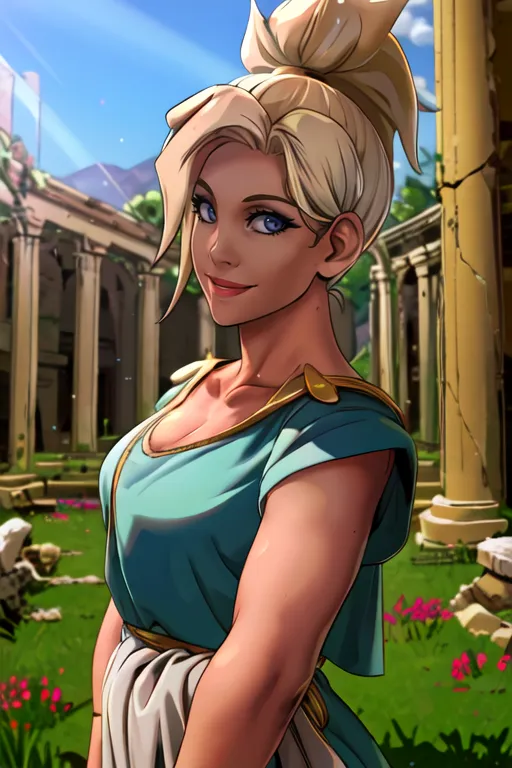 The image shows a young woman with blonde hair and blue eyes. She is wearing a blue and white dress and has her hair in a ponytail. She is standing in a ruined temple, and there are flowers and plants growing around her. The woman is smiling and looking at the viewer.