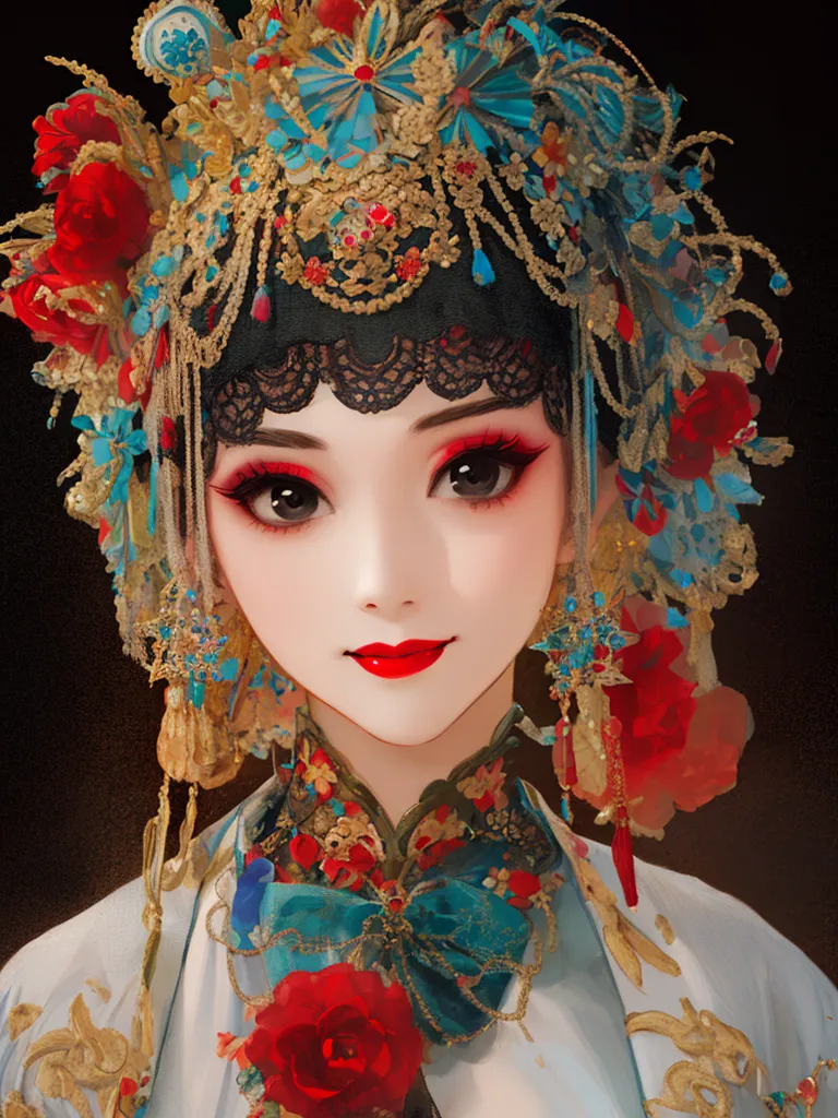 Esta es una imagen de una mujer joven, presumiblemente una actriz, que lleva un elaborado maquillaje y vestuario tradicional de ópera china. Su rostro está pintado de blanco con rubor rojo en las mejillas y labios rojos. Sus ojos están acentuados con sombra de ojos azul y delineador negro. Lleva un tocado tradicional de ópera china con flores rojas y azules, y una larga bata blanca y azul con acentos dorados y rojos.