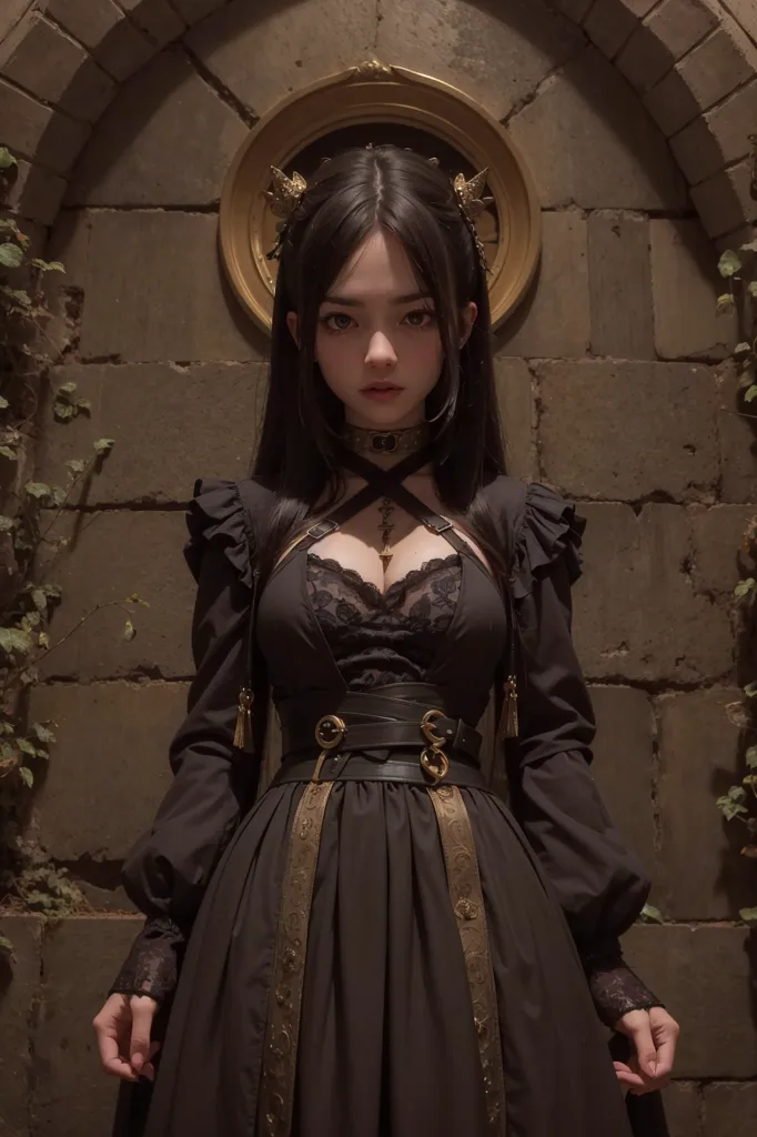 The image shows a young woman standing in a stone doorway. She is wearing a black dress with a white camisole and a black choker. The dress has a fitted bodice with a sweetheart neckline and long, flared sleeves. The skirt is full and gathered at the waist. The woman's hair is long, black, and straight. She is wearing a gold necklace with a pendant in the shape of a cross. Her makeup is dark and dramatic, with smoky eyes and pale skin. She is standing with her feet shoulder-width apart and her hands clasped in front of her. Her expression is serious and defiant.