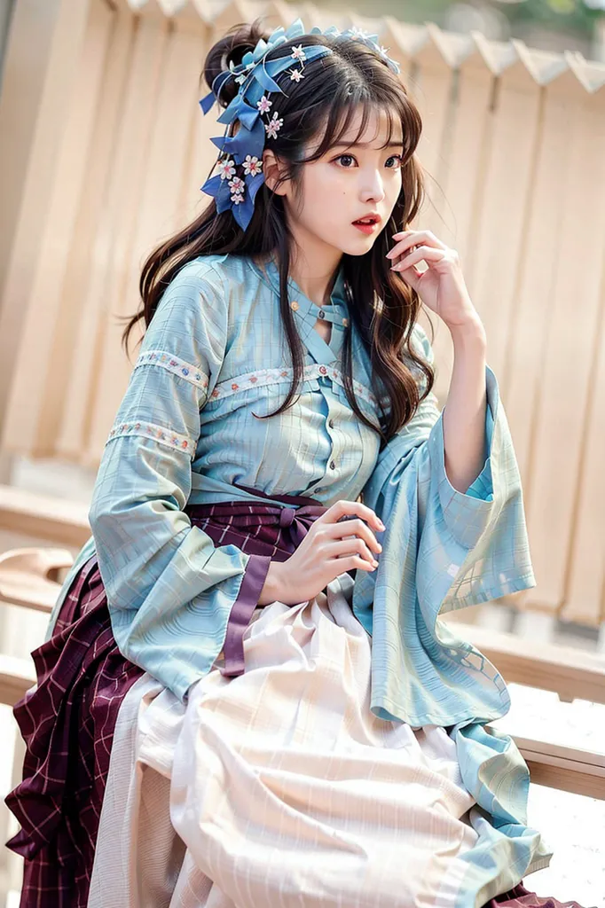 The image shows a young woman wearing a traditional Chinese outfit. The outfit is blue and white with intricate embroidery and a pink sash at the waist. The woman has long, dark hair with a blue and white hairpiece. She is sitting on a bench and looking to the side with a thoughtful expression. The background is blurred and looks like a traditional Chinese garden.