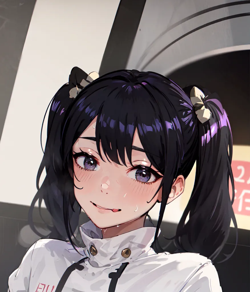 The image is a portrait of a young woman with dark hair and purple eyes. She is wearing a white shirt and has a ponytail hairstyle with twintails. She has a small smile on her face and is looking at the viewer with a slight blush on her cheeks. The background is blurred and is a lighter color than the foreground.