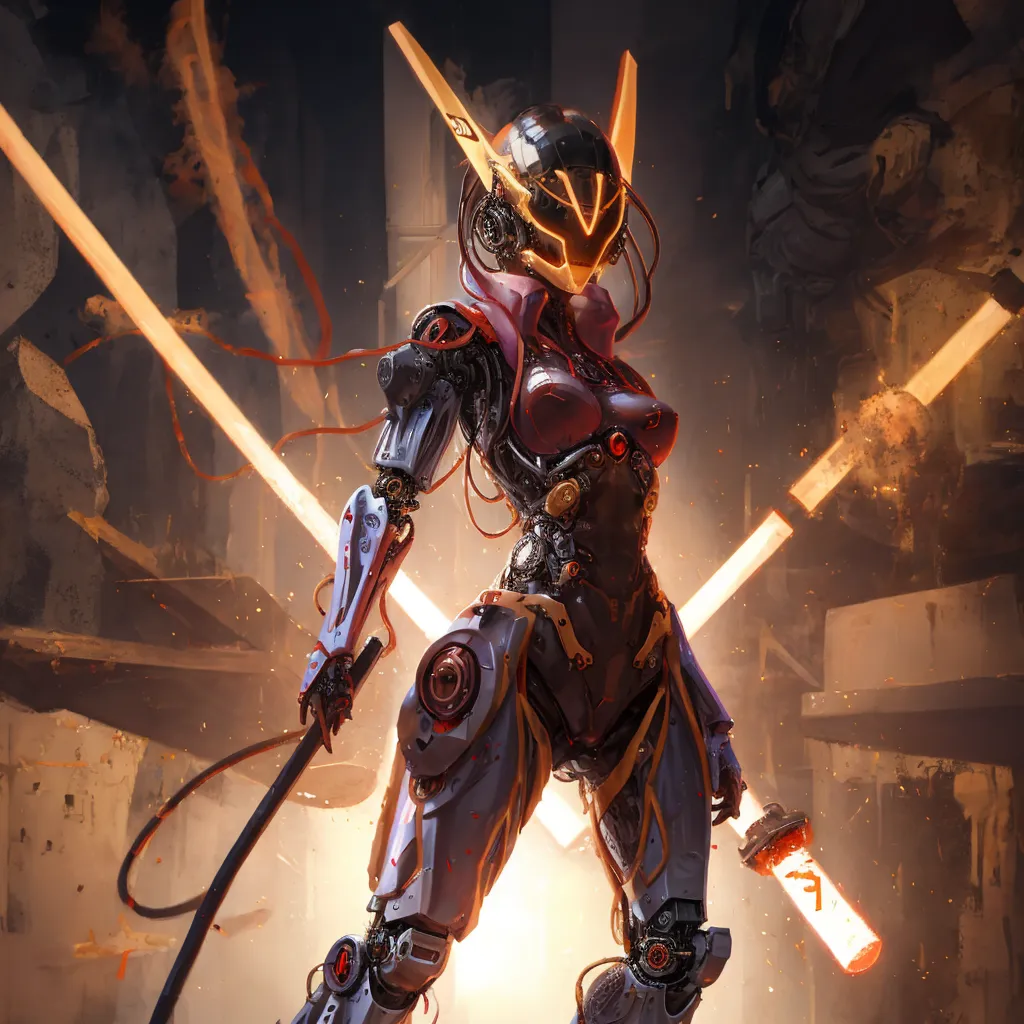 This is an image of a female cyborg. She is wearing a black and red bodysuit with a lot of technological detailing. She has a helmet on her head with two large yellow horns sticking out of the top. She is also wearing a pair of goggles over her eyes. She is holding a glowing red sword in her right hand and a whip-like weapon in her left hand. She is standing in a dark and destroyed environment. There are broken buildings and debris all around her. The image is very detailed and realistic.