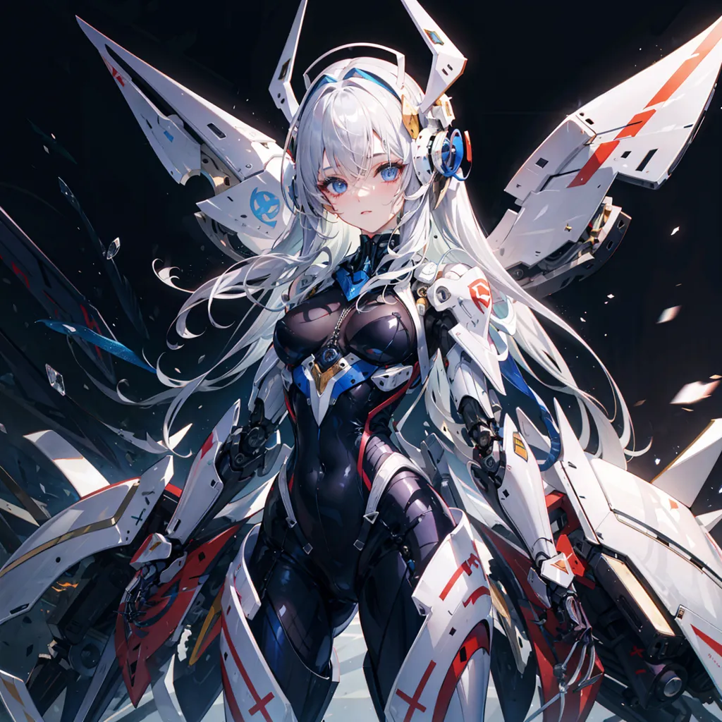 The image is of a young woman with long white hair and blue eyes. She is wearing a black and white bodysuit with a blue crystal on her chest. She also has a pair of white headphones on. She is standing in front of a dark background with a large white object behind her. The object looks like a spaceship or a weapon.