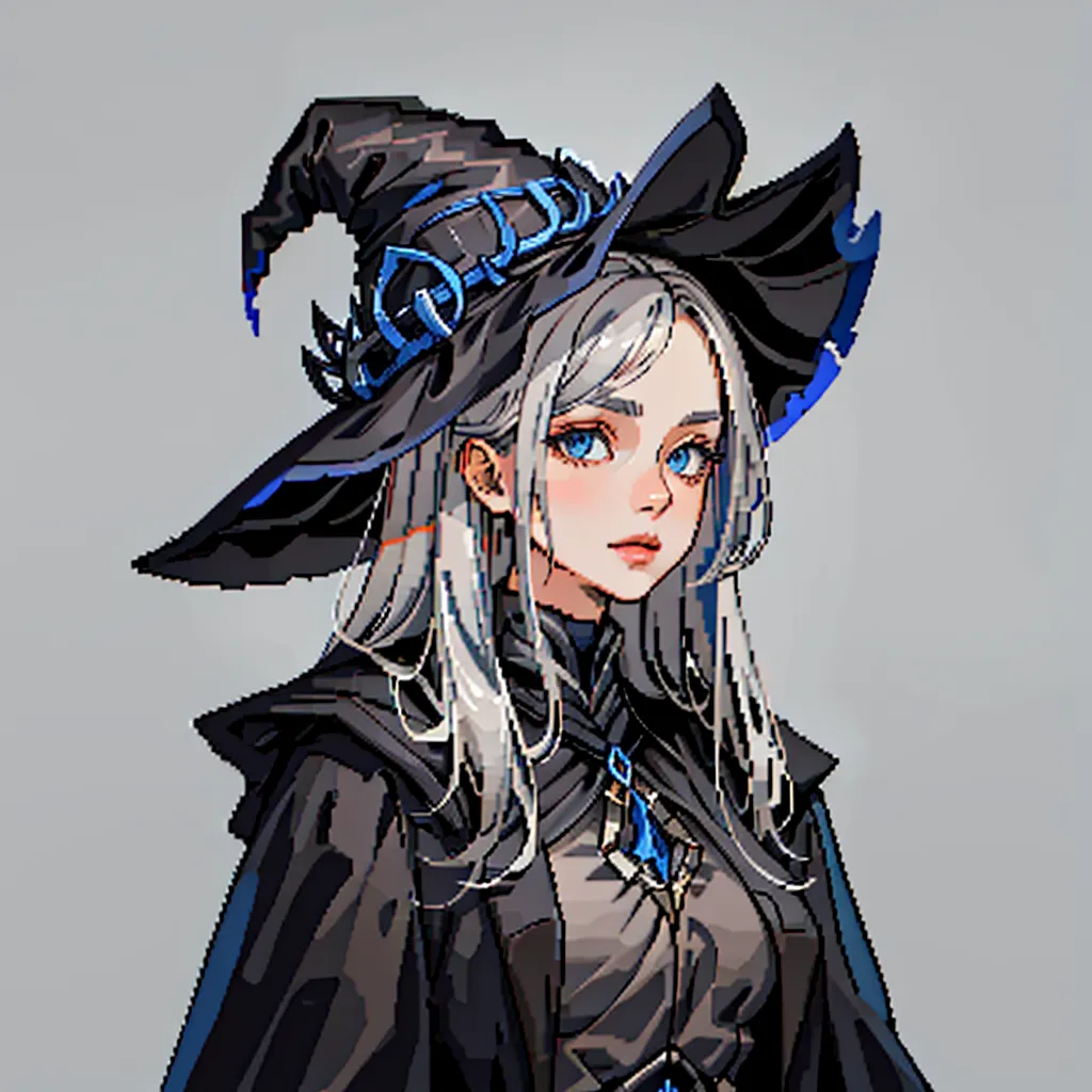 The image is a pixelated portrait of a young woman with long silver hair and blue eyes. She is wearing a black witch hat with a blue gem in the center. The hat has a wide brim and is decorated with two blue crescent moons. She is also wearing a black cloak with a white collar. The cloak is trimmed with blue and has a blue gem clasp. The woman's expression is serious and det