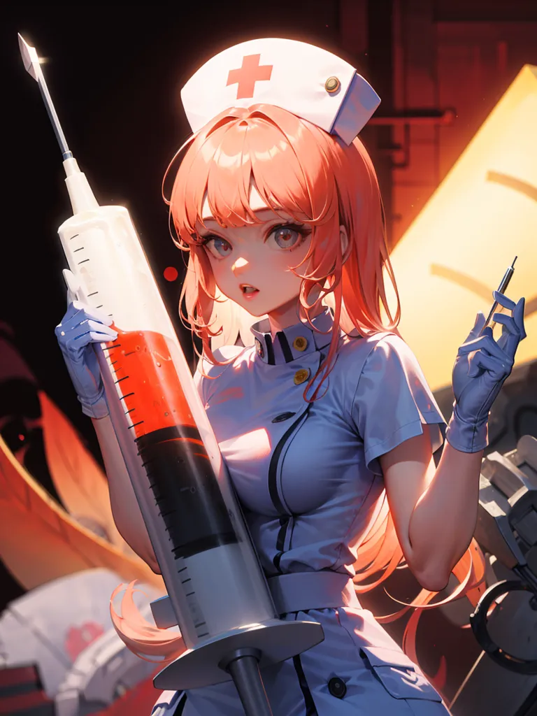 The image is a painting of a young woman dressed as a nurse. She has long red hair and blue eyes. She is wearing a white nurse's cap and a blue dress. She is holding a large syringe with a red liquid in it. The background is a dark room with a red light.