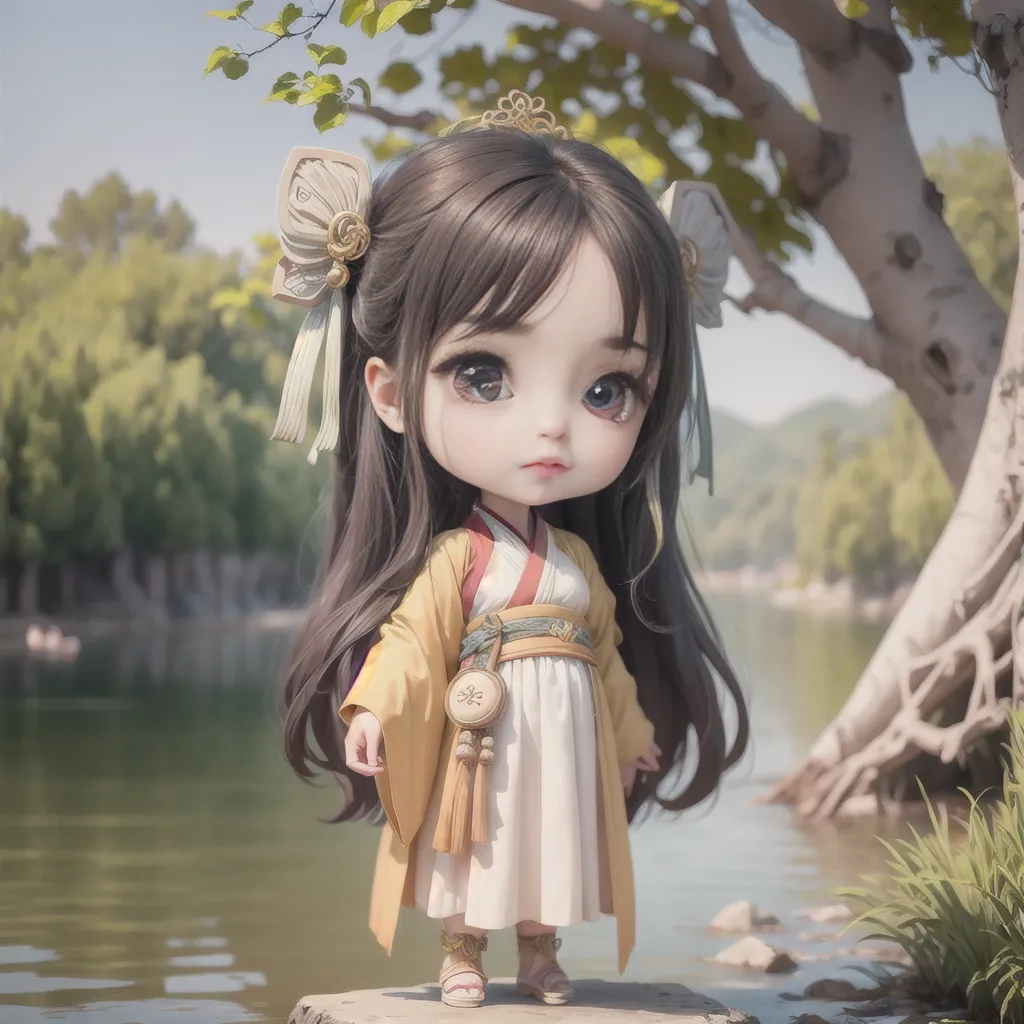 This image shows a young girl with long brown hair wearing a traditional Chinese dress standing on a rock in a forest. She is wearing a yellow outer robe with white inner robe. The girl has big watery eyes and a small mouth. She is looking at the camera with a slightly sad expression. The background is a blurred forest with a river running through it.