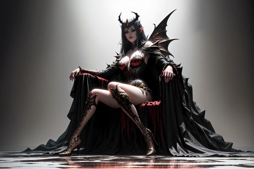 The image is of a dark-haired woman with red eyes and black wings. She is wearing a black and red corset and a black skirt with a long slit. She is also wearing black boots and a black cape. She is sitting on a throne, and there is a dark red liquid on the floor around her.