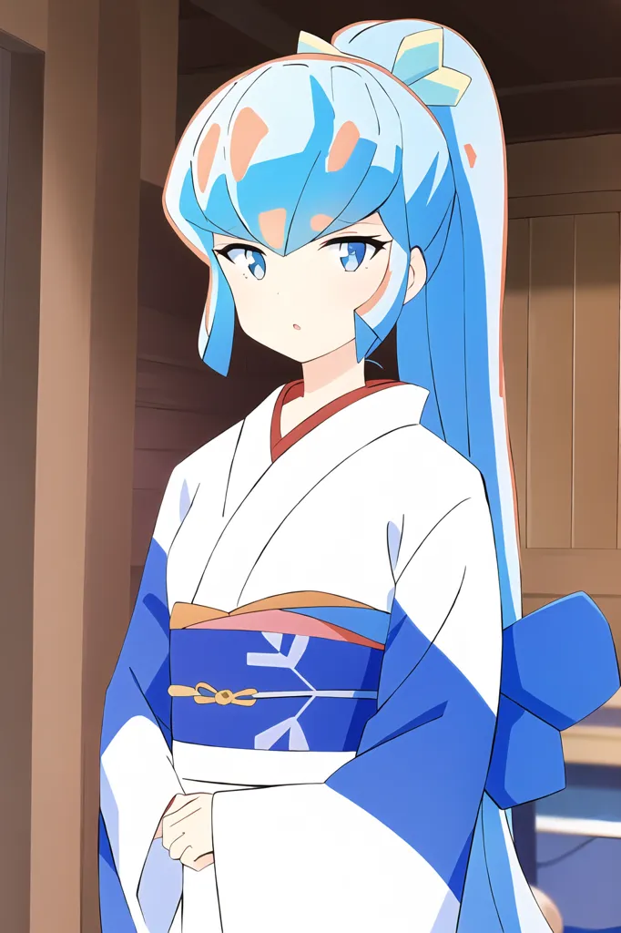 The image is of a young woman with long blue hair and blue eyes. She is wearing a white and blue kimono with a blue obi. The kimono has a snowflake pattern on it. She is standing in a room with a wooden door behind her. The room is lit by a single light source, which is coming from the right side of the image. The woman's expression is one of slight surprise.