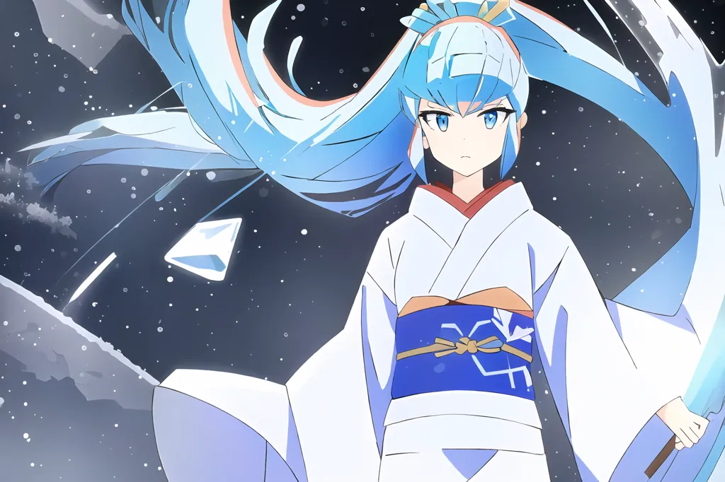 The image is of a young woman with long blue hair and blue eyes. She is wearing a white kimono with a blue obi. She is standing in a snowy landscape, and there are snowflakes in her hair and on her kimono. She is holding a sword in her right hand. The background is a dark blue night sky with many stars.