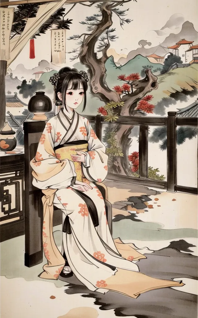 The image is a painting of a Chinese woman in a traditional Chinese dress. The woman is sitting in a pavilion on a chair with a backrest. The pavilion is surrounded by trees and flowers. The woman is wearing a white dress with a pink sash and a pink outer robe. The dress has a floral pattern. The woman has long black hair and is wearing a traditional Chinese hairstyle. She is also wearing traditional Chinese makeup. The painting is done in a realistic style and the colors are muted.