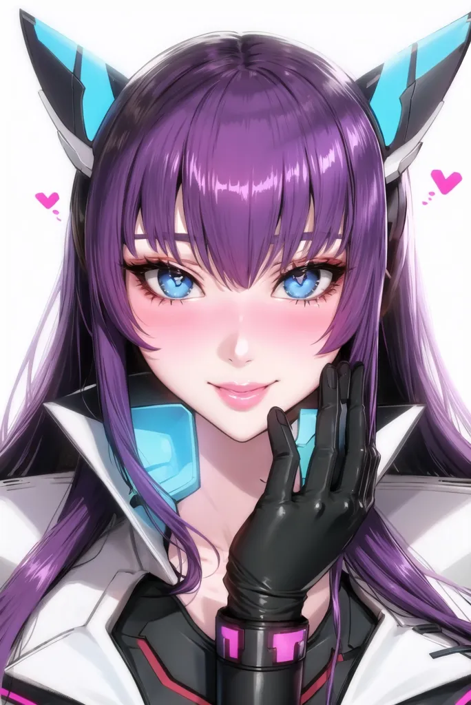 The image is a portrait of a young woman with purple hair and blue eyes. She is wearing a white and black outfit with a high collar and a pair of black gloves. She has a small, embarrassed smile on her face and is blushing slightly. There are two small hearts next to her head.