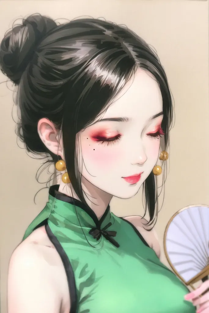 The picture shows a young woman with long black hair in a bun. She is wearing a green cheongsam with a high collar and gold earrings. The woman has a gentle smile on her face and her eyes are closed. She is holding a white fan in her right hand. The background is a pale yellow.