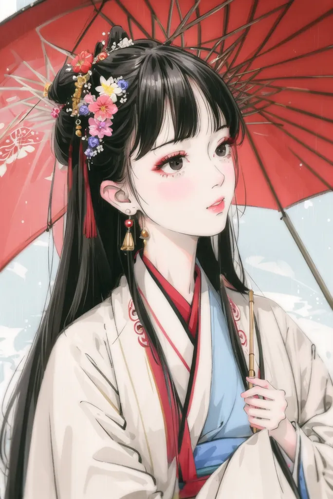 The picture shows a young woman in a traditional Chinese dress (a hanfu) holding a red umbrella. The woman has long black hair, red eyeshadow, and pink blush on her cheeks. She is wearing a white and blue hanfu with a red sash and a red umbrella. The background is white with a hint of blue at the bottom. The woman is looking at the viewer with a slight smile on her face.