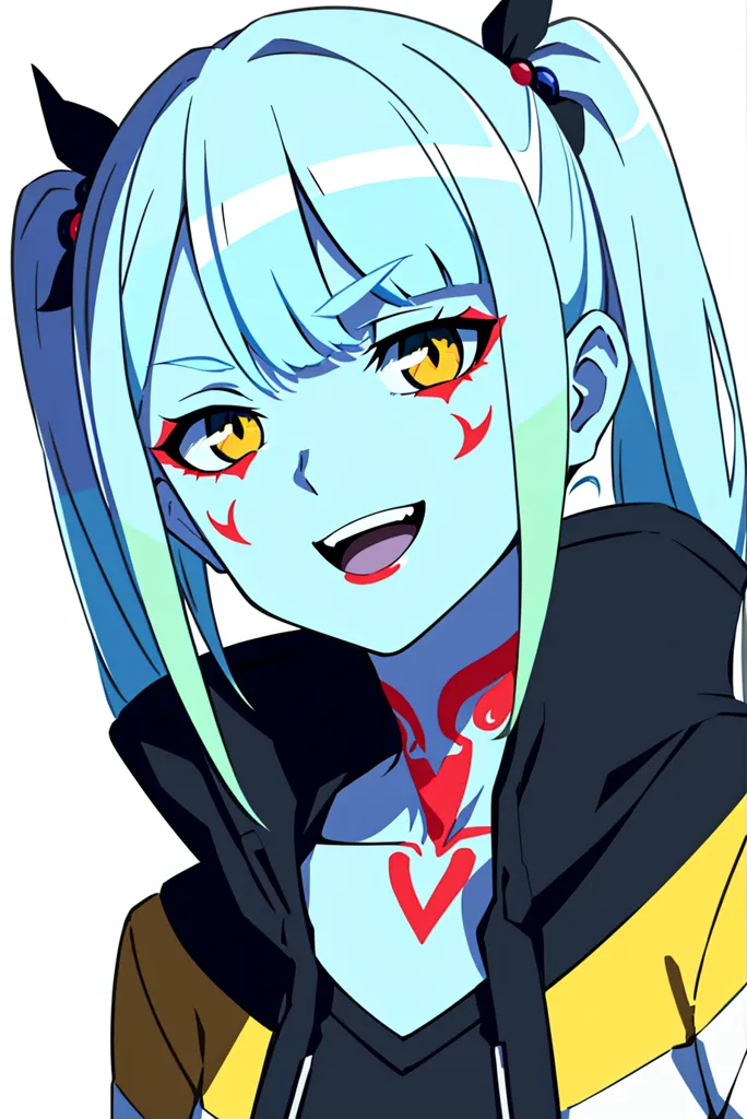 The image is a portrait of a young woman with blue skin and yellow eyes. She has long blue hair tied in two ponytails and is wearing a black hoodie with a yellow collar. The woman has a confident expression on her face and is smiling.