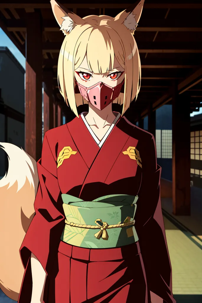 La imagen es de una mujer joven con el cabello rubio largo y orejas de zorro. Ella está usando un kimono rojo con un obi verde y una máscara blanca. Ella está de pie en una casa japonesa tradicional.