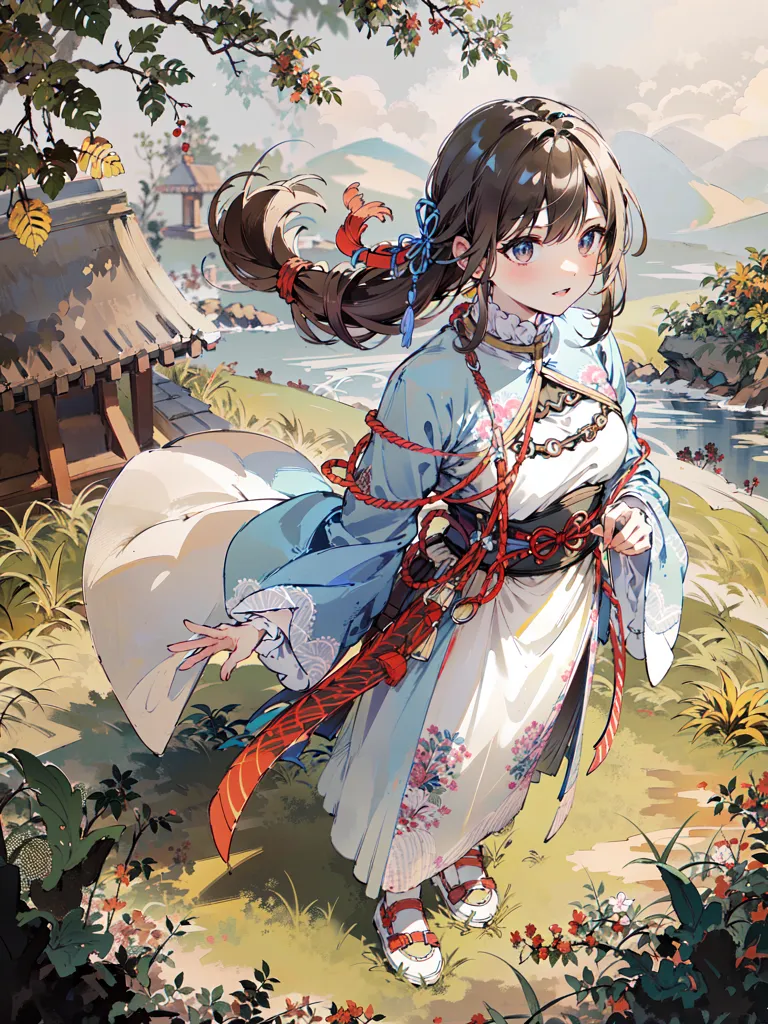 The image is a painting of a young girl in a kimono standing in a field of flowers. The girl has long brown hair and blue eyes, and she is wearing a white kimono with a red obi. She is also wearing a pair of red geta sandals. The girl is standing in a field of flowers, and there is a small stream running in the background. The image is very peaceful and serene, and it captures the beauty of the Japanese countryside.