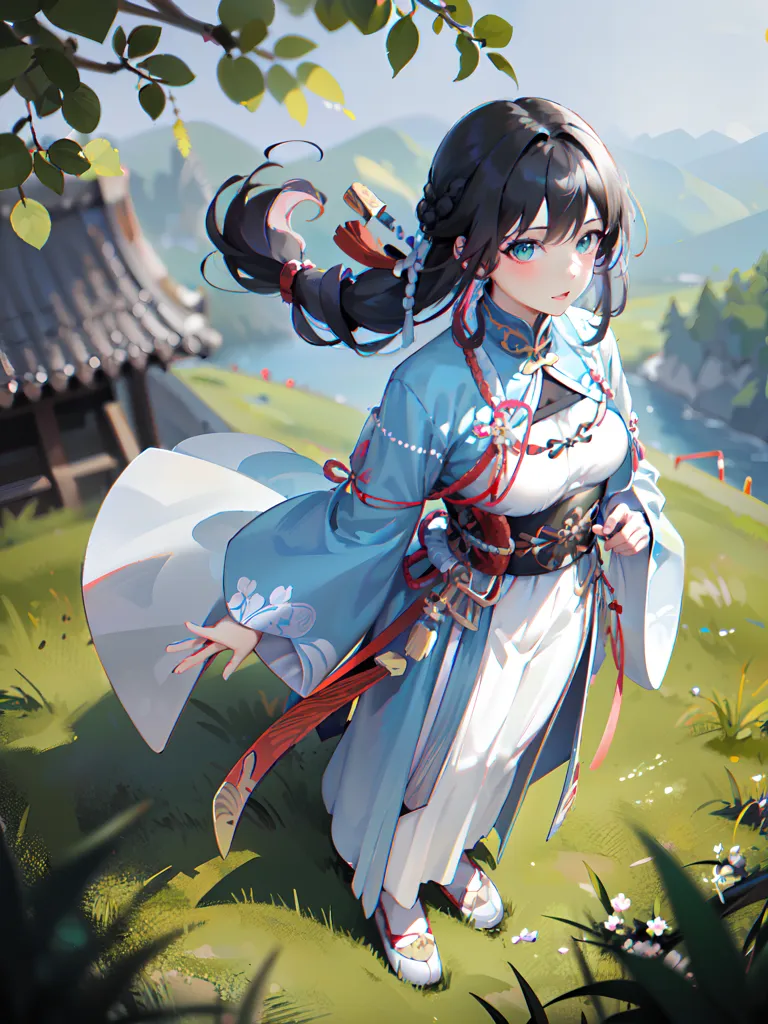 This is an image of a young woman standing in a field. She is wearing a blue and white dress with a red sash and has long black hair. There is a house in the background and a river in the distance. The image has a soft, painterly look.