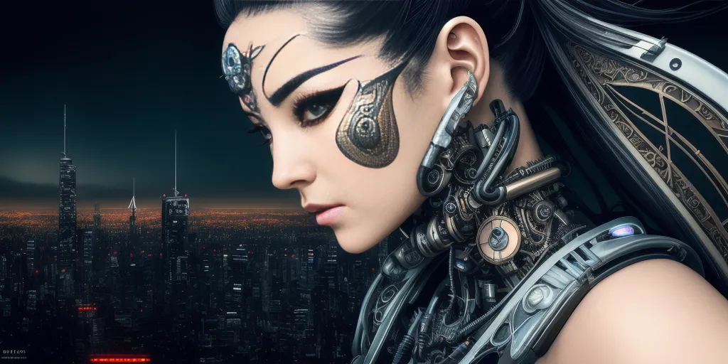 The image is a portrait of a young woman with dark hair and a metallic mask over her right eye. She is wearing a black leather outfit with a high collar and a lot of metal деталей. The background is a dark cityscape with a red light in