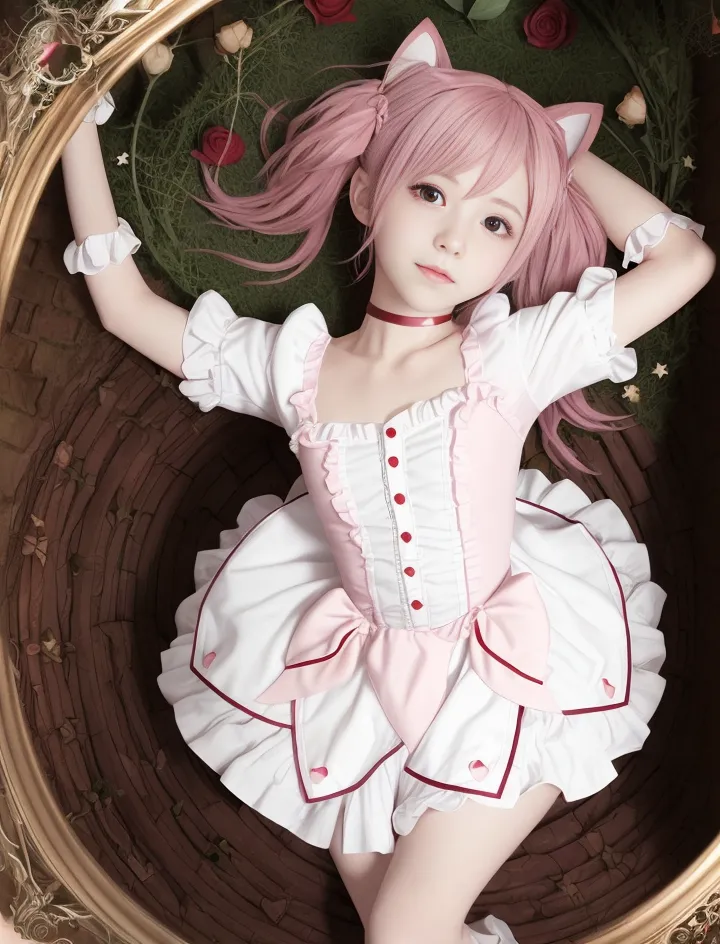 The image contains a young girl with pink hair and cat ears. She is wearing a white and pink dress with a red ribbon around her neck. She is lying in a large wooden bowl with a soft green cloth. The girl has her eyes closed and looks relaxed.