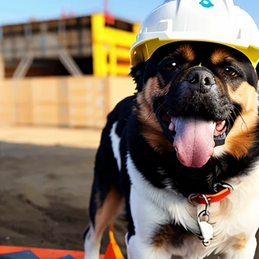 The image shows a dog wearing a hard hat. The dog is standing on a construction site. There are buildings and construction equipment in the background. The dog is looking at the camera with its tongue out. It looks happy.