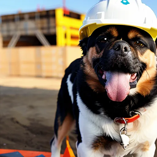 Gambar ini menunjukkan seekor anjing yang mengenakan helm pengaman. Anjing tersebut berdiri di lokasi konstruksi. Ada bangunan dan peralatan konstruksi di latar belakang. Anjing itu melihat ke arah kamera dengan lidah terjulur. Ia terlihat bahagia.