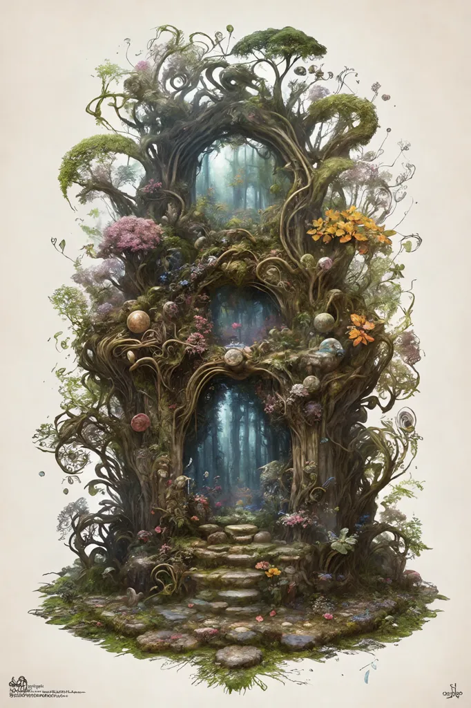 A imagem é uma pintura digital de uma árvore com uma porta. A árvore é grande e tem um tronco grosso. A porta é de madeira e tem uma maçaneta redonda. A árvore é decorada com flores, folhas e videiras. Há um caminho que leva até a porta. O caminho é feito de pedra e tem algumas árvores pequenas crescendo de cada lado. O fundo é uma floresta. Há muitos tipos diferentes de árvores na floresta. As árvores têm todas as cores diferentes. A floresta está cheia de flores e plantas. Há um rio que corre pela floresta. O rio é azul e claro. Há alguns peixes nadando no rio. O céu é azul e há algumas nuvens no céu.