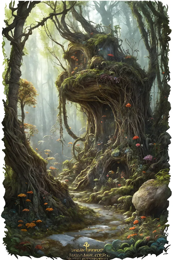 The image is a digital painting of a forest. The forest is made up of tall, leafy trees with gnarled branches. The trees are covered in moss and vines. There is a small clearing in the forest, and in the middle of the clearing is a large tree. The tree is even taller than the other trees, and it has a large, hollow trunk. The inside of the tree is glowing, and there is a door on the side of the tree. There are several large mushrooms growing around the tree, and there are flowers growing in the clearing. There is a path leading into the forest, and there is a sign on the side of the path. The sign says \