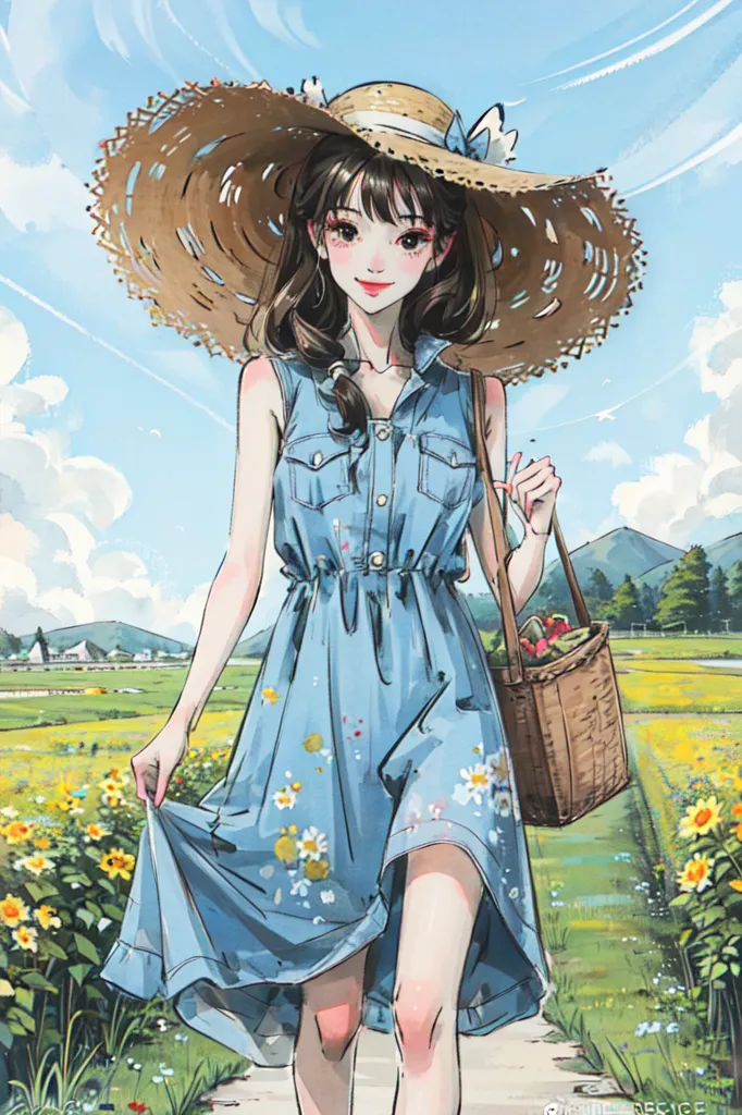 This is an image of a young woman wearing a large straw hat and a blue denim dress. The dress has white floral embroidery on the bottom and a tan belt tied around the waist. The woman is holding a brown wicker basket in her right hand and is walking through a field of yellow flowers. There are green trees and mountains in the background. The sky is blue and there are white clouds.