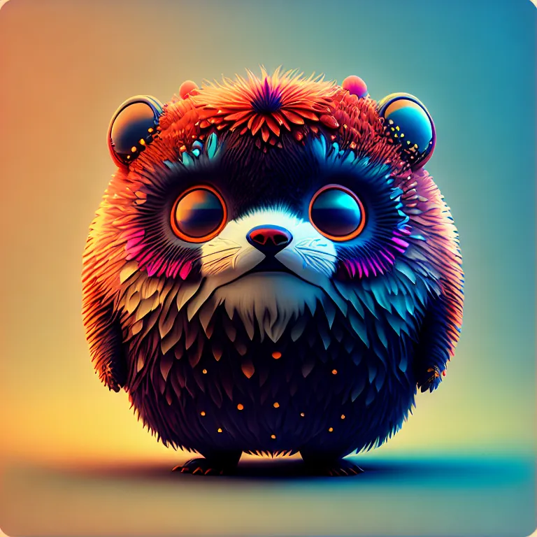 The image shows a colorful 3D cartoon animal. It has big round eyes, a small black nose, and two large ears. Its body is covered in long, fluffy fur that is multi-colored. The fur on its head is orange, yellow, and pink. The fur on its body is purple, blue, and green. The animal is standing on two legs and has a curious expression on its face. It is standing in front of a gradient background that is orange at the top and blue at the bottom.