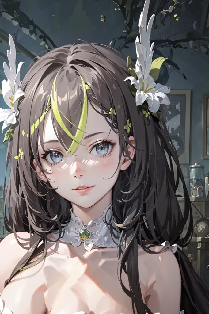 The image is a portrait of a beautiful young woman with long, flowing brown hair. She has pale skin and blue eyes, and is wearing a white dress with a green sash. There are white flowers in her hair and around her neck. She is standing in front of a dark background, and there is a soft light shining on her face. The image is very detailed, and the artist has used a variety of techniques to create a realistic and lifelike portrait.