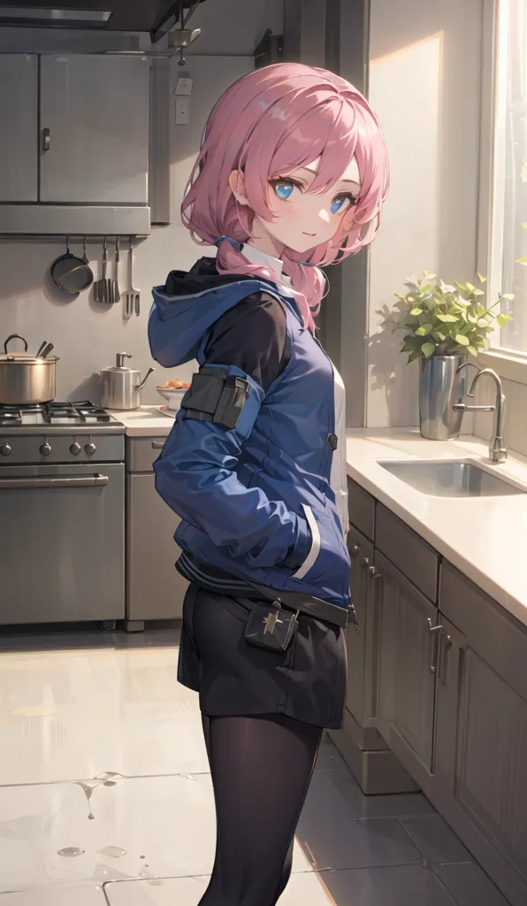 The image is a painting of a young woman standing in a kitchen. She has pink hair and blue eyes, and is wearing a blue and black jacket, a black skirt, and black stockings. She is looking at the viewer with a slight smile on her face. The kitchen is modern and has white cabinets and countertops. There is a plant on the countertop in the background. The floor is tiled and there is a gray rug on the floor.