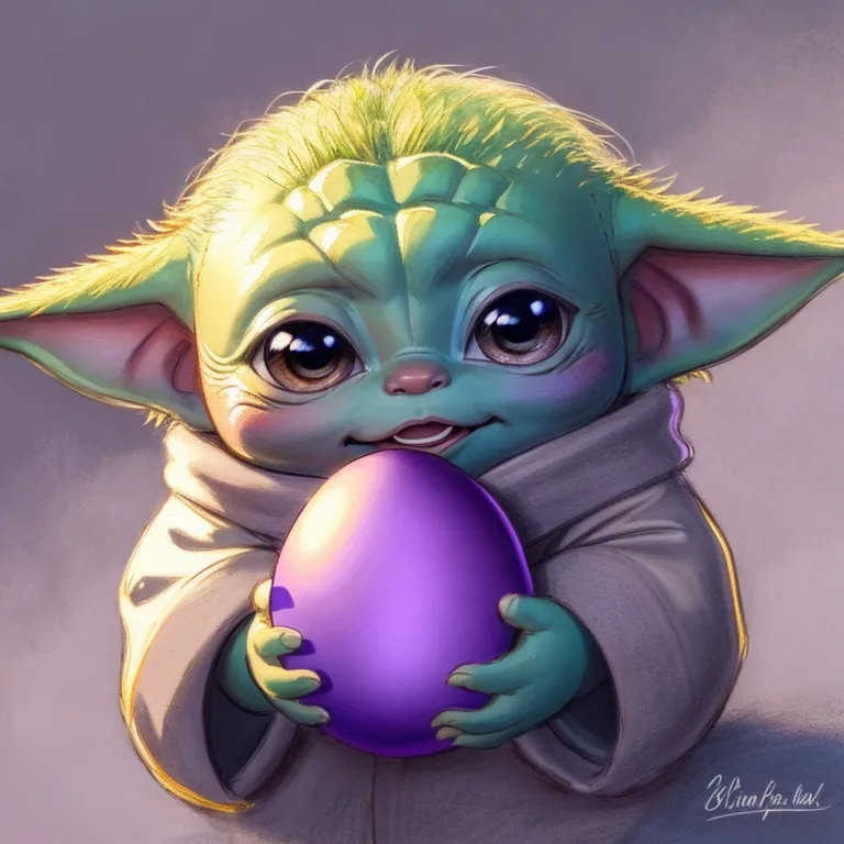 A imagem mostra um Baby Yoda segurando um ovo roxo. O Baby Yoda está sentado com as pernas cruzadas e tem um grande sorriso no rosto. Ele está usando uma bata bege com um colarinho branco. O ovo é roxo com pintas brancas. O fundo é cinza claro.