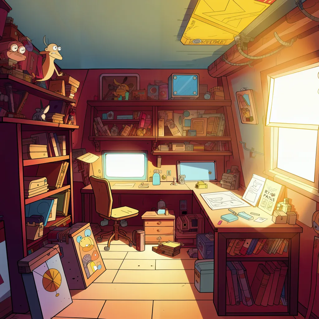 The image is a cartoon illustration of a cluttered home office. There are bookshelves on all the walls, a desk in the center of the room, and a window on the right side of the room. On the desk is a computer, a lamp, and some papers. There is a chair behind the desk and a rug on the floor. The room is messy, with books, papers, and other objects scattered everywhere. There is a creature sitting on top of one of the bookshelves and another creature on the floor behind the chair.