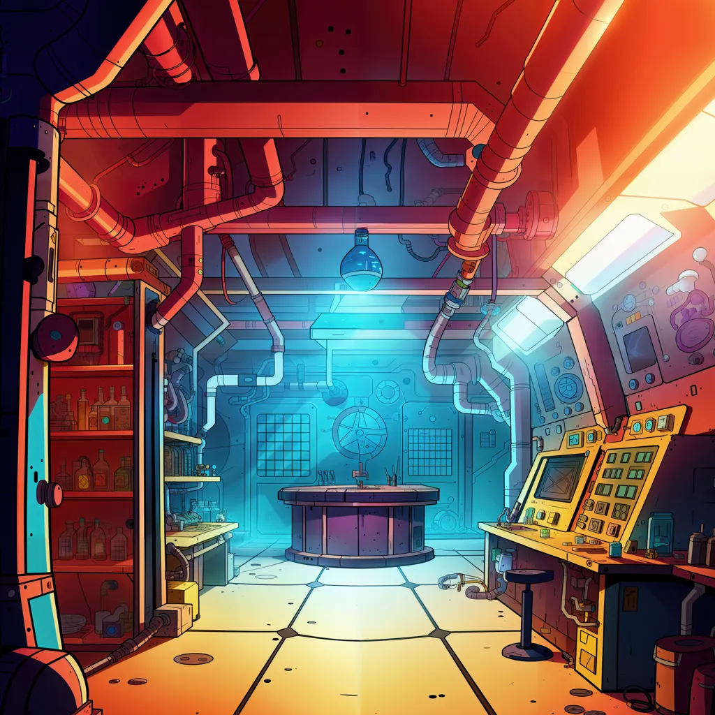 The image is a cartoon drawing of a laboratory. The lab is full of strange and wonderful machines, including a large round table with a glowing blue orb in the center, a computer terminal, and a shelf full of potions and beakers. The walls of the lab are lined with pipes and there is a large window in the background. The lab is lit by a single light bulb hanging from the ceiling.