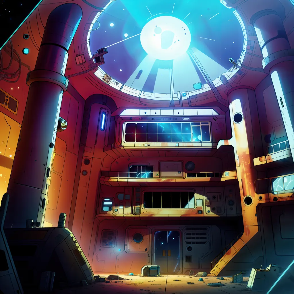 The image is a cartoon spaceship interior. The spaceship is large and round, with a high ceiling. There are several levels of walkways and platforms, and a large window at the top of the ship. The walls are lined with control panels and other equipment. There is a robot vacuuming the floor.