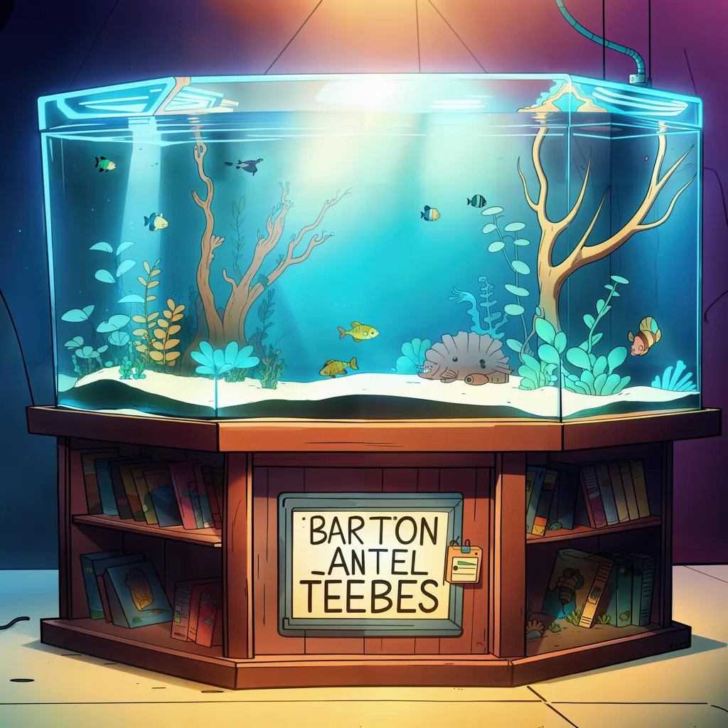 Voici une image d'un grand aquarium. L'aquarium est en verre et repose sur un support en bois. L'aquarium est rempli d'eau et contient une variété de poissons, de plantes et de décorations. L'aquarium est éclairé par une lumière vive. Le support porte une pancarte qui indique "Barton Antel Teebes".